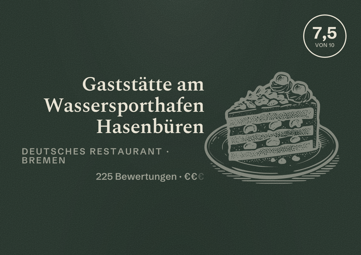 Illustriertes Poster von Gaststätte am Wassersporthafen Hasenbüren, Deutsches Restaurant in Bremen: Bewertung 7,5 von 10 aus 225 Bewertungen, Preisniveau €€