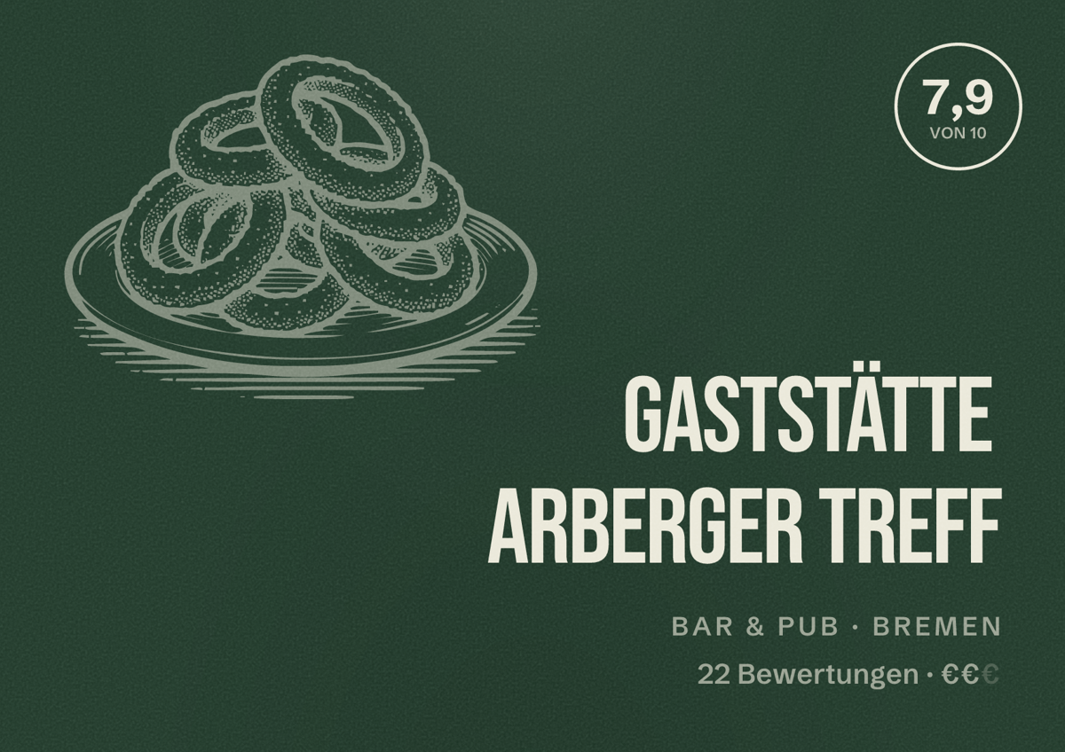Illustriertes Poster von Gaststätte Arberger Treff, Bar & Pub in Bremen: Bewertung 7,9 von 10 aus 22 Bewertungen, Preisniveau €€
