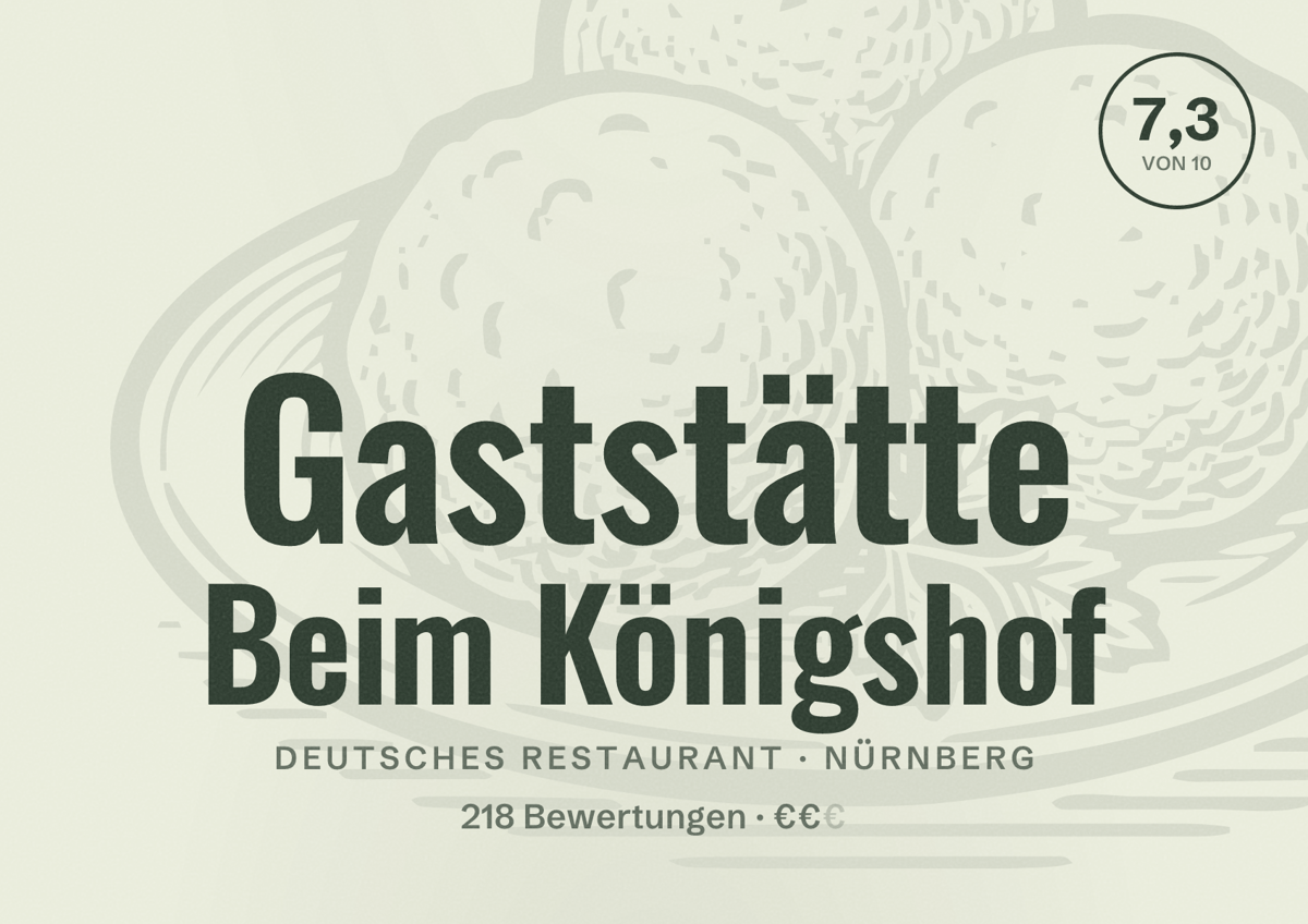 Illustriertes Poster von Gaststätte Beim Königshof, Deutsches Restaurant in Nürnberg: Bewertung 7,3 von 10 aus 218 Bewertungen, Preisniveau €€