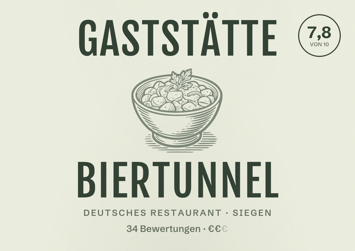 Illustriertes Poster von Gaststätte Biertunnel, Deutsches Restaurant in Siegen: Bewertung 7,8 von 10 aus 34 Bewertungen, Preisniveau €€