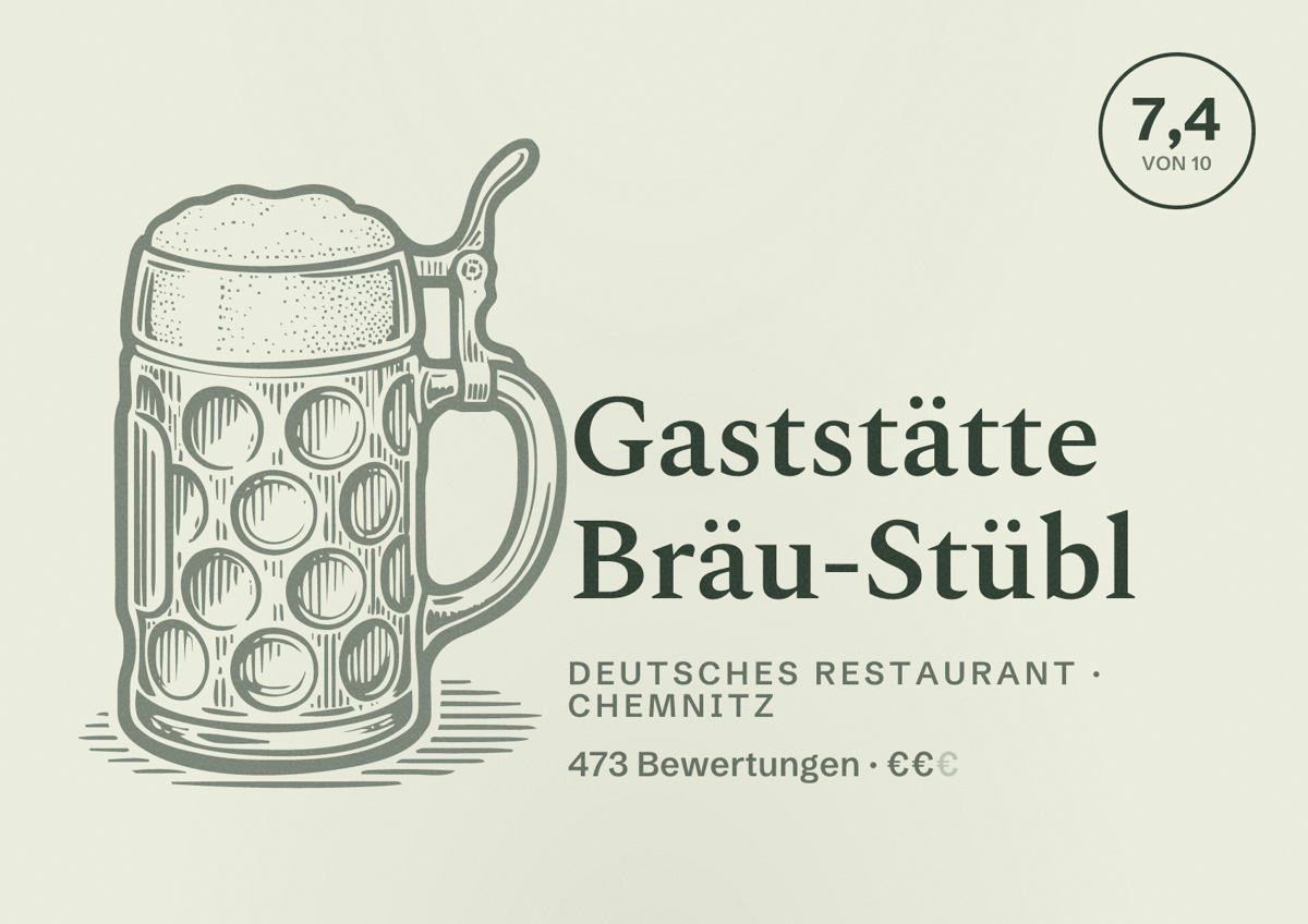 Illustriertes Poster von Gaststätte Bräu-Stübl, Deutsches Restaurant in Chemnitz: Bewertung 7,4 von 10 aus 473 Bewertungen, Preisniveau €€