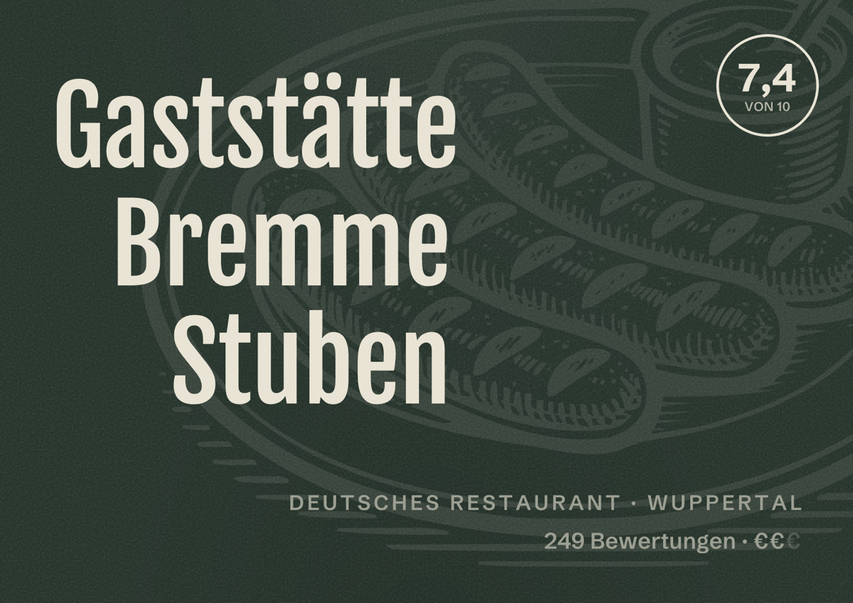 Illustriertes Poster von Gaststätte Bremme Stuben, Deutsches Restaurant in Wuppertal: Bewertung 7,4 von 10 aus 249 Bewertungen, Preisniveau €€