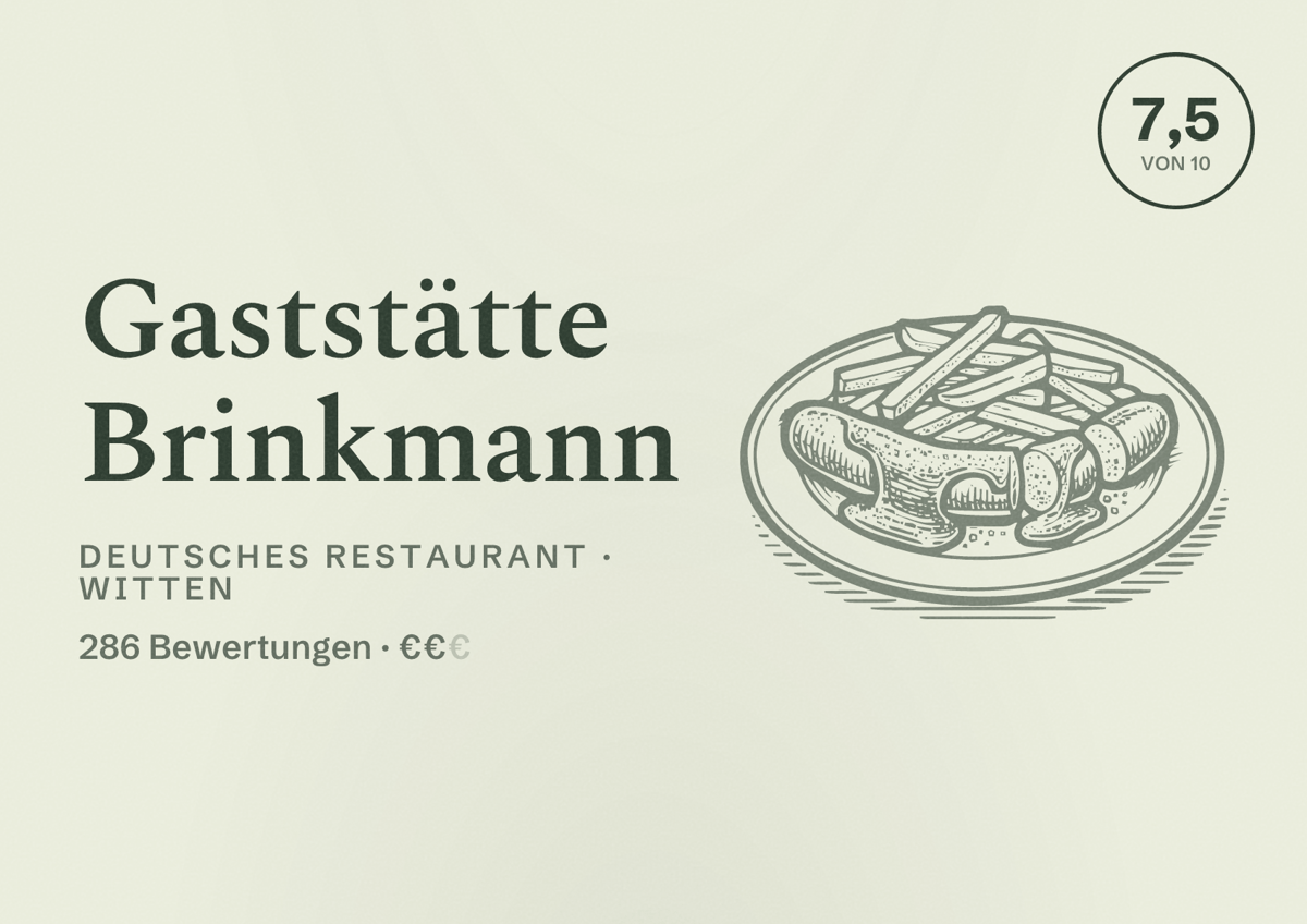 Illustriertes Poster von Gaststätte Brinkmann, Deutsches Restaurant in Witten: Bewertung 7,5 von 10 aus 286 Bewertungen, Preisniveau €€