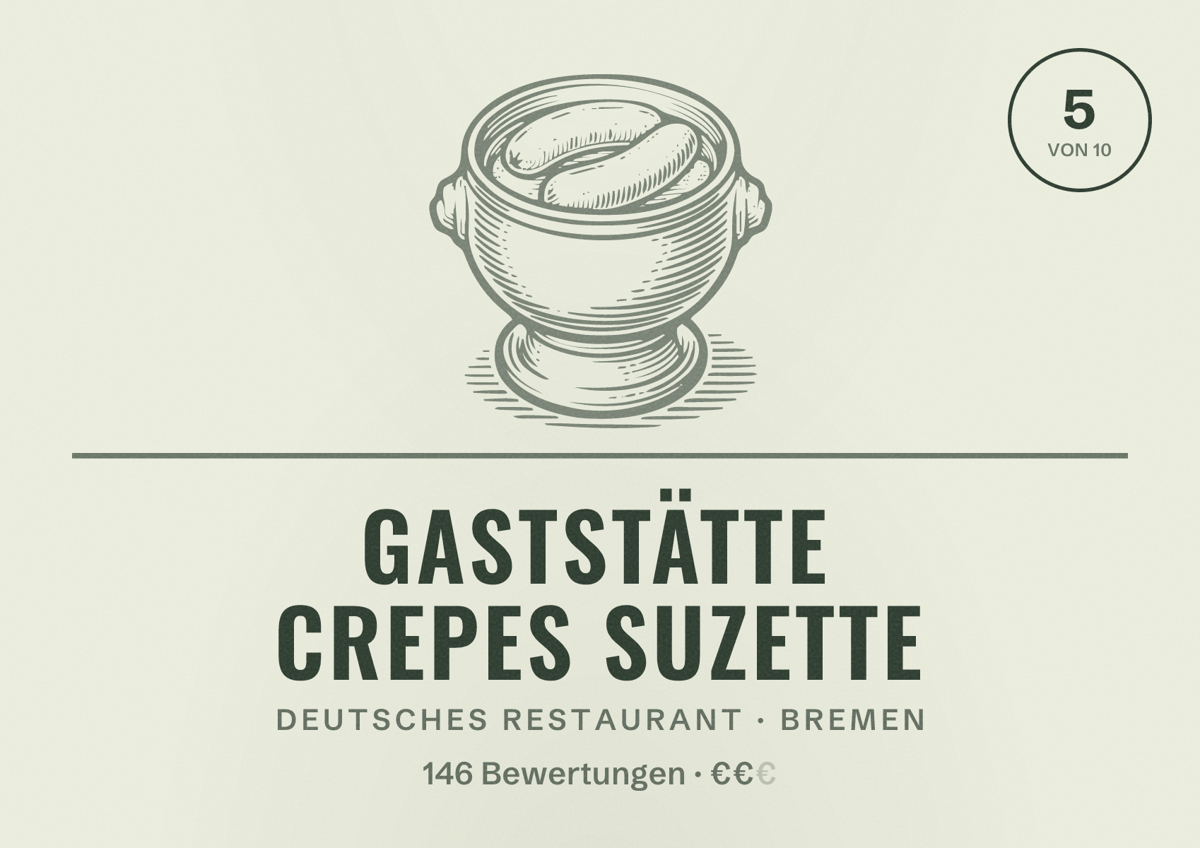 Illustriertes Poster von Gaststätte Crepes Suzette, Deutsches Restaurant in Bremen: Bewertung 5 von 10 aus 146 Bewertungen, Preisniveau €€