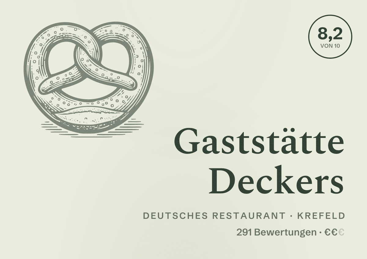 Illustriertes Poster von Gaststätte Deckers, Deutsches Restaurant in Krefeld: Bewertung 8,2 von 10 aus 291 Bewertungen, Preisniveau €€
