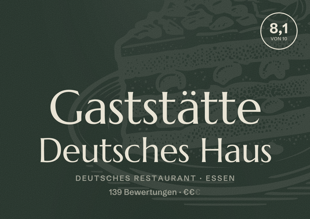 Illustriertes Poster von Gaststätte Deutsches Haus, Deutsches Restaurant in Essen: Bewertung 8,1 von 10 aus 139 Bewertungen, Preisniveau €€