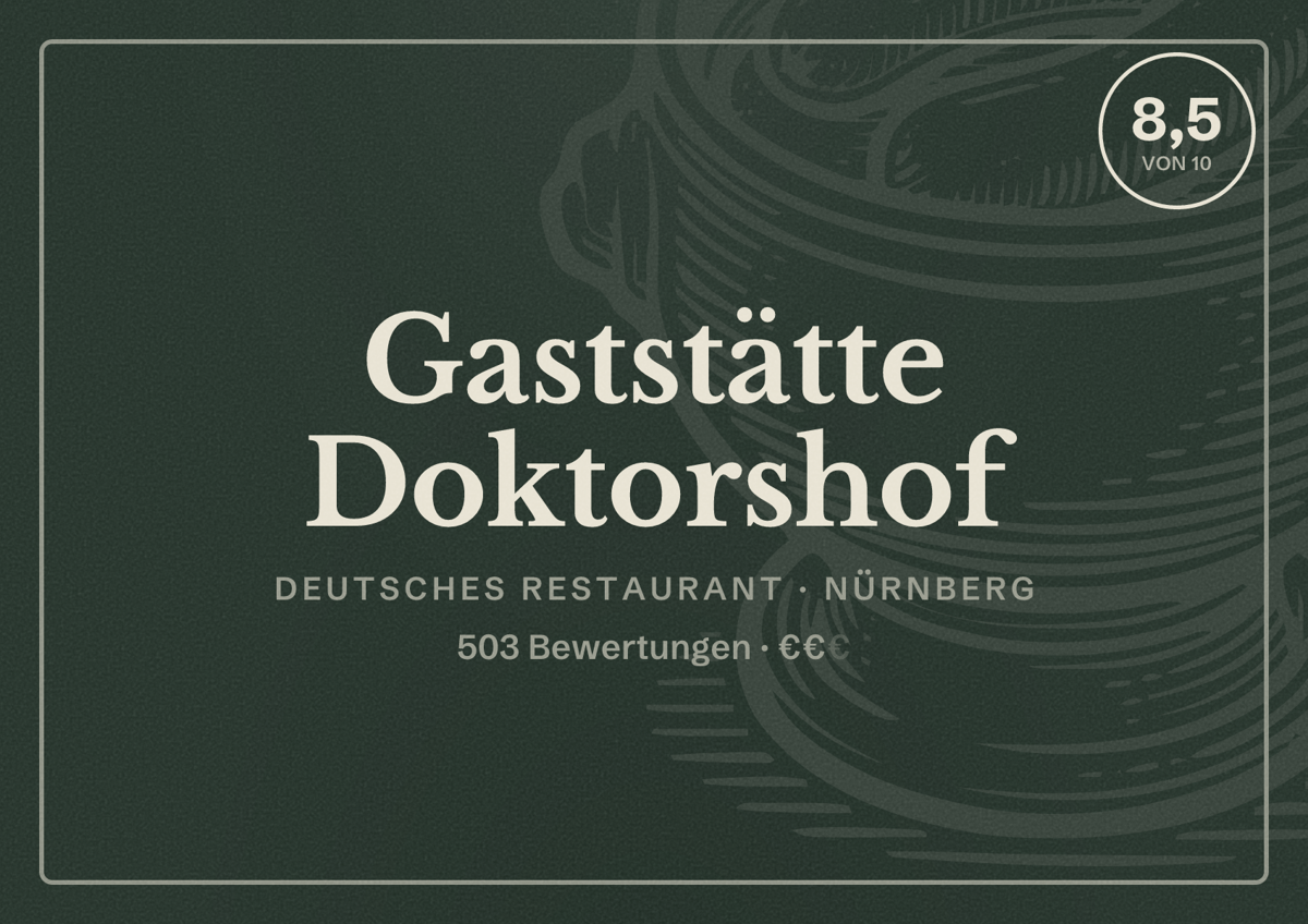 Illustriertes Poster von Gaststätte Doktorshof, Deutsches Restaurant in Nürnberg: Bewertung 8,5 von 10 aus 503 Bewertungen, Preisniveau €€
