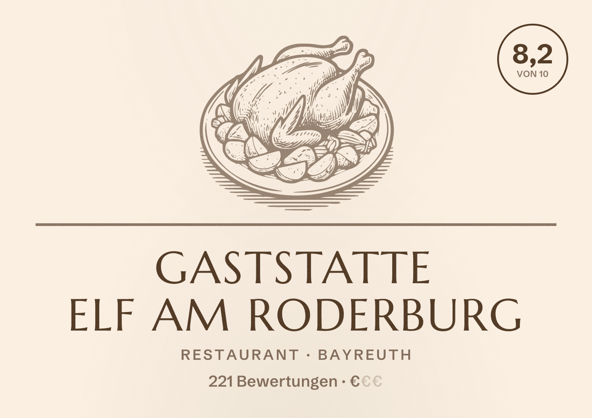 Illustriertes Poster von Gaststatte Elf am Roderburg, Restaurant in Bayreuth: Bewertung 8,2 von 10 aus 221 Bewertungen, Preisniveau €