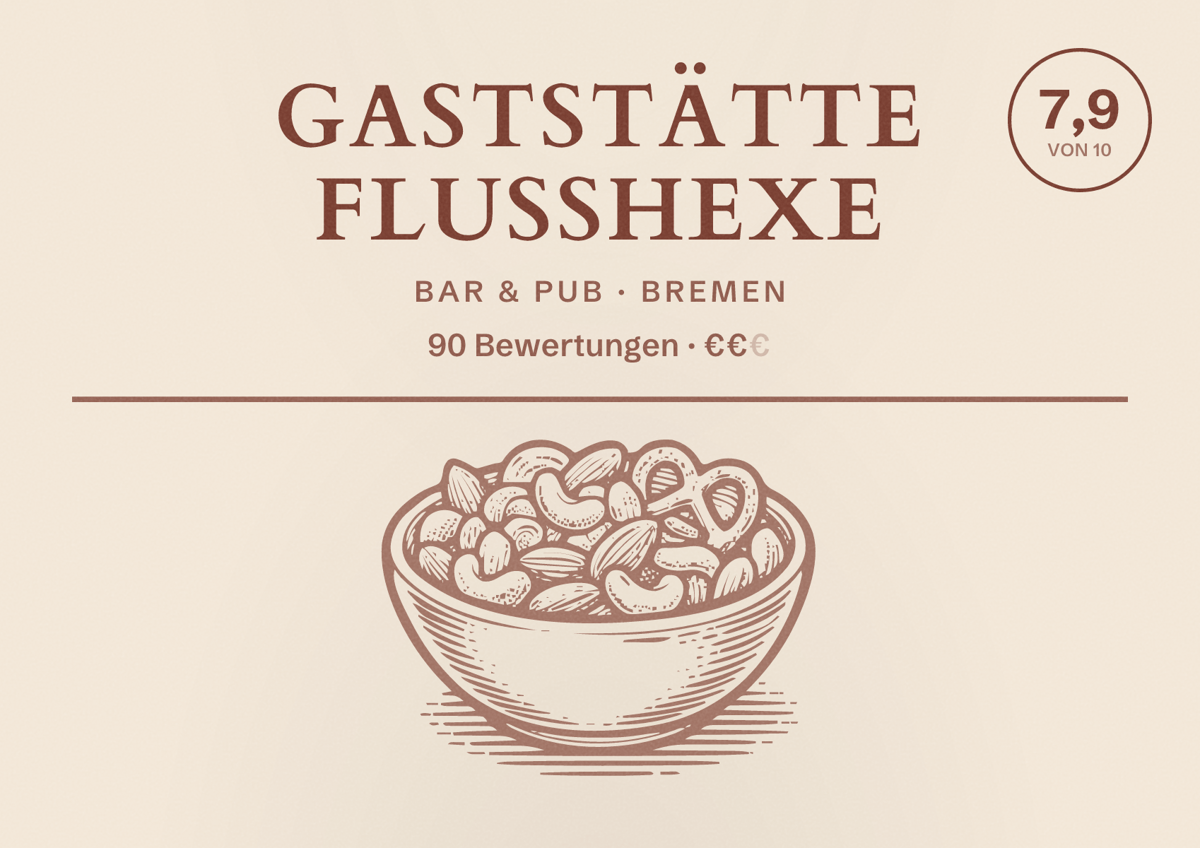Illustriertes Poster von Gaststätte Flusshexe, Bar & Pub in Bremen: Bewertung 7,9 von 10 aus 90 Bewertungen, Preisniveau €€
