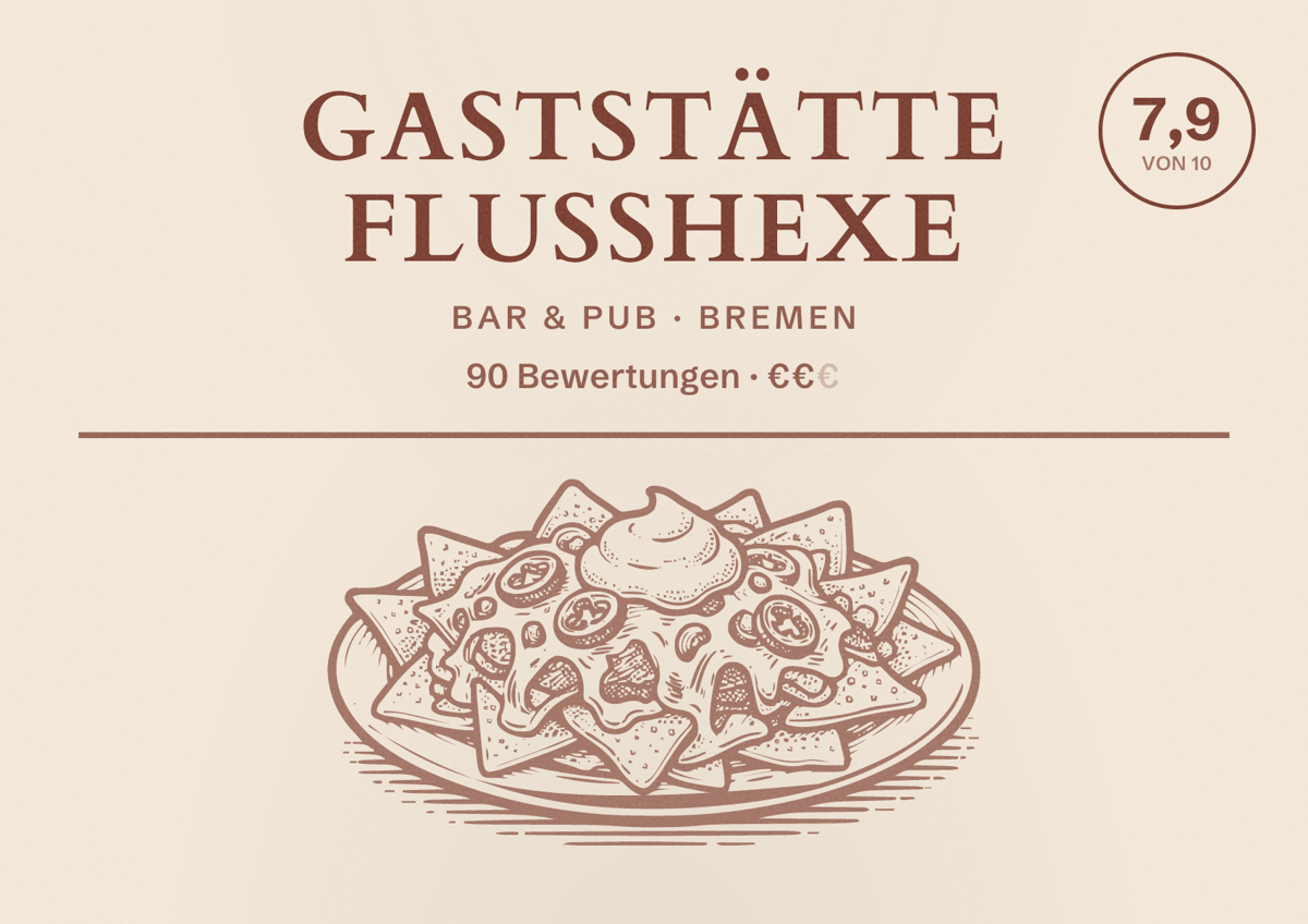 Illustriertes Poster von Gaststätte Flusshexe, Bar & Pub in Bremen: Bewertung 7,9 von 10 aus 90 Bewertungen, Preisniveau €€
