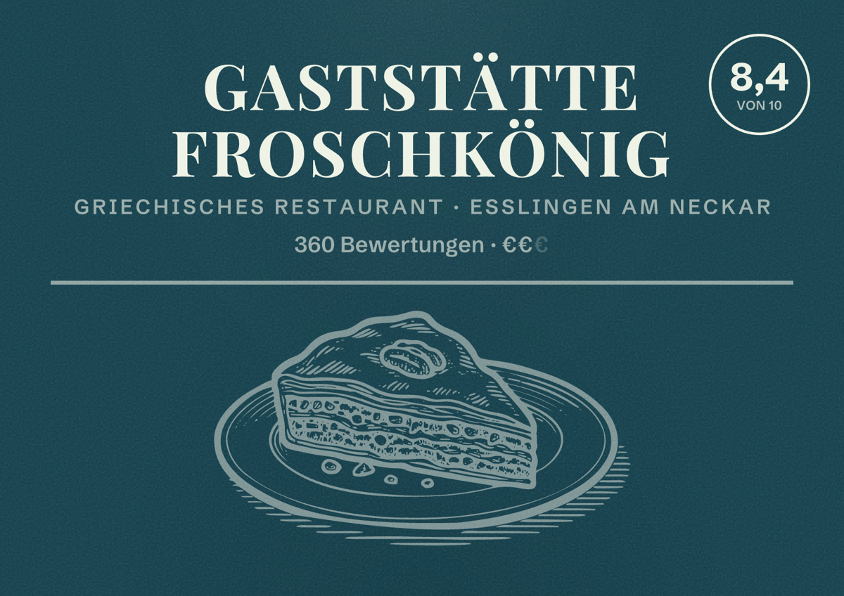Illustriertes Poster von Gaststätte Froschkönig, Griechisches Restaurant in Esslingen am Neckar: Bewertung 8,4 von 10 aus 360 Bewertungen, Preisniveau €€
