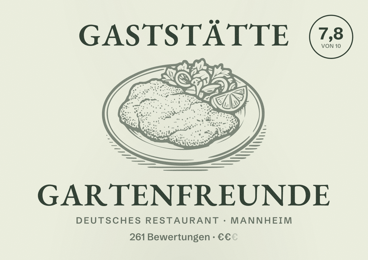 Illustriertes Poster von Gaststätte Gartenfreunde, Deutsches Restaurant in Mannheim: Bewertung 7,8 von 10 aus 261 Bewertungen, Preisniveau €€