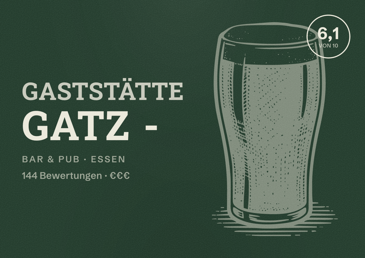Illustriertes Poster von Gaststätte Gatz -, Bar & Pub in Essen: Bewertung 6,1 von 10 aus 144 Bewertungen, Preisniveau €€€