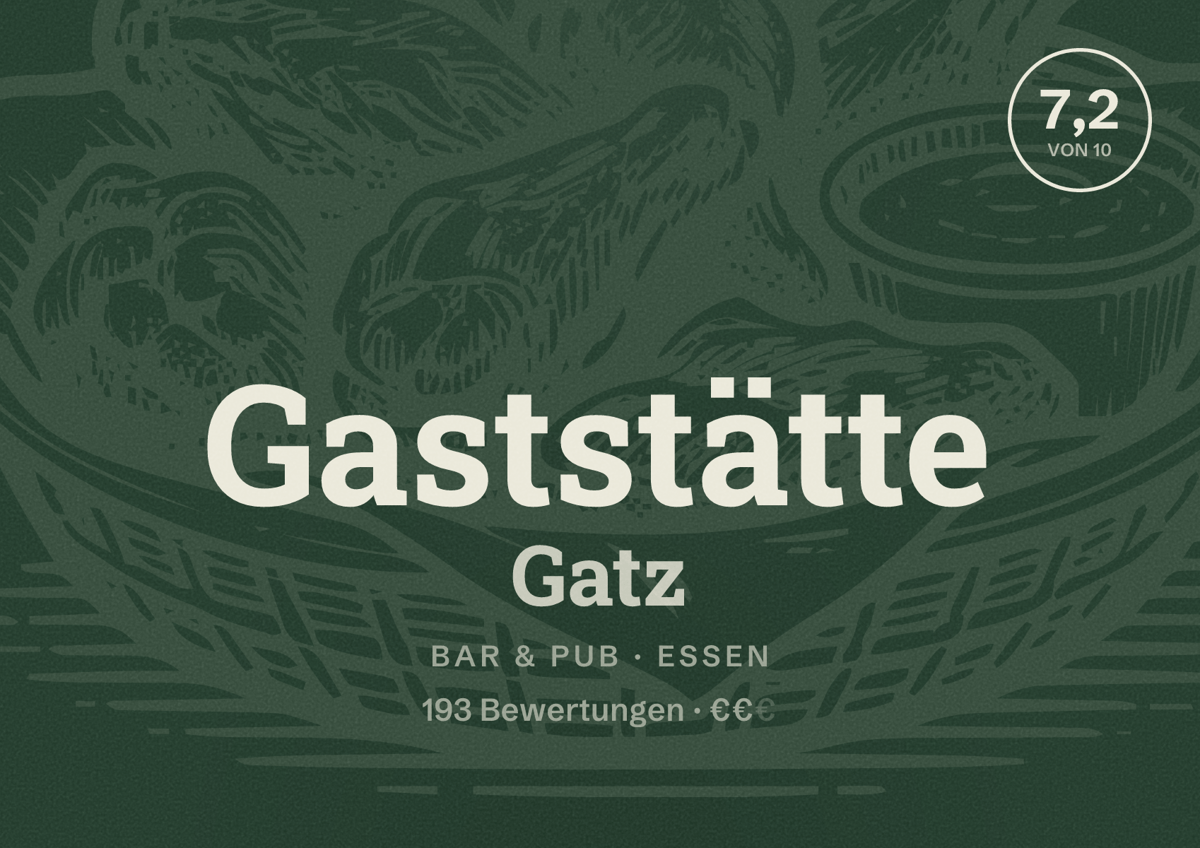 Illustriertes Poster von Gaststätte Gatz, Bar & Pub in Essen: Bewertung 7,2 von 10 aus 193 Bewertungen, Preisniveau €€