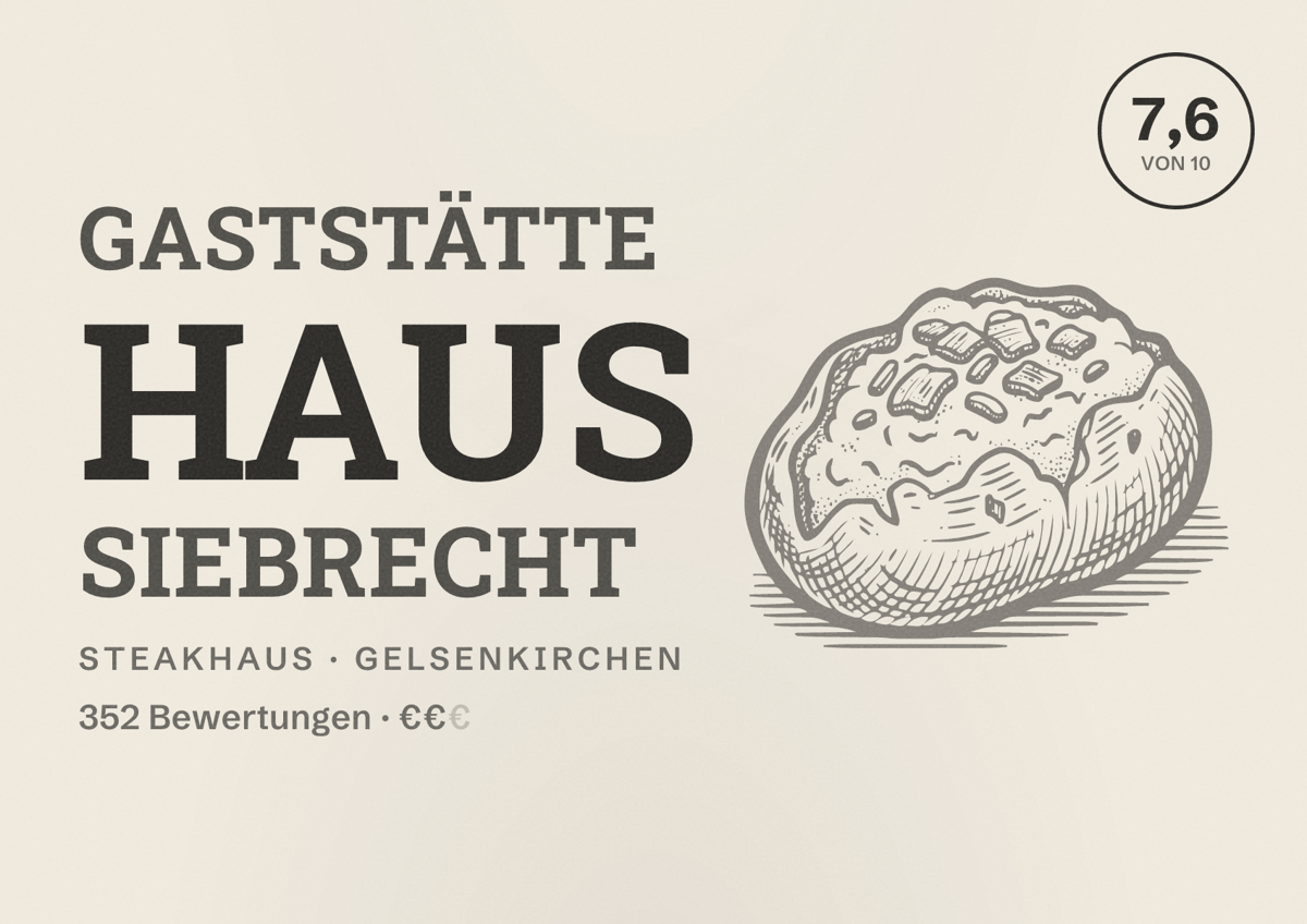 Illustriertes Poster von Gaststätte Haus Siebrecht, Steakhaus in Gelsenkirchen: Bewertung 7,6 von 10 aus 352 Bewertungen, Preisniveau €€