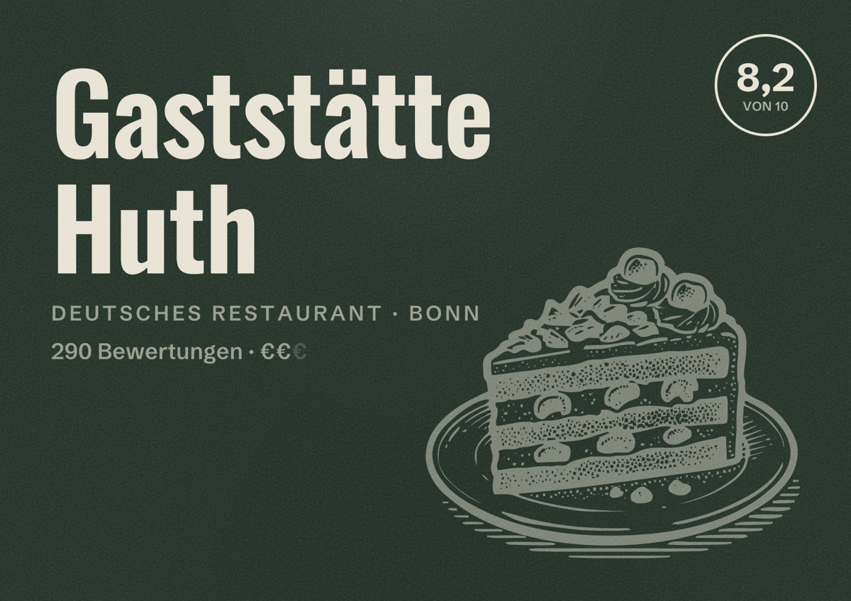 Illustriertes Poster von Gaststätte Huth, Deutsches Restaurant in Bonn: Bewertung 8,2 von 10 aus 290 Bewertungen, Preisniveau €€