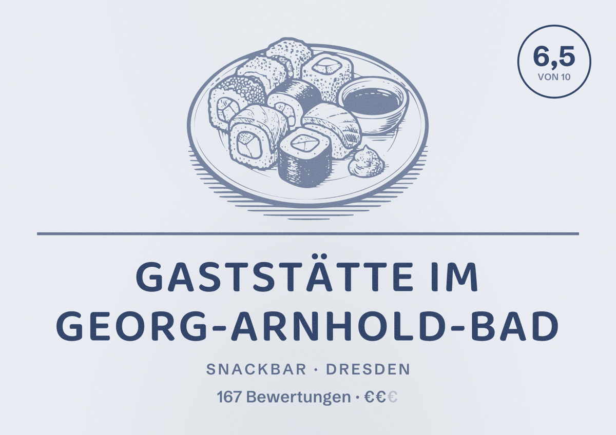 Illustriertes Poster von Gaststätte im Georg-Arnhold-Bad, Snackbar in Dresden: Bewertung 6,5 von 10 aus 167 Bewertungen, Preisniveau €€