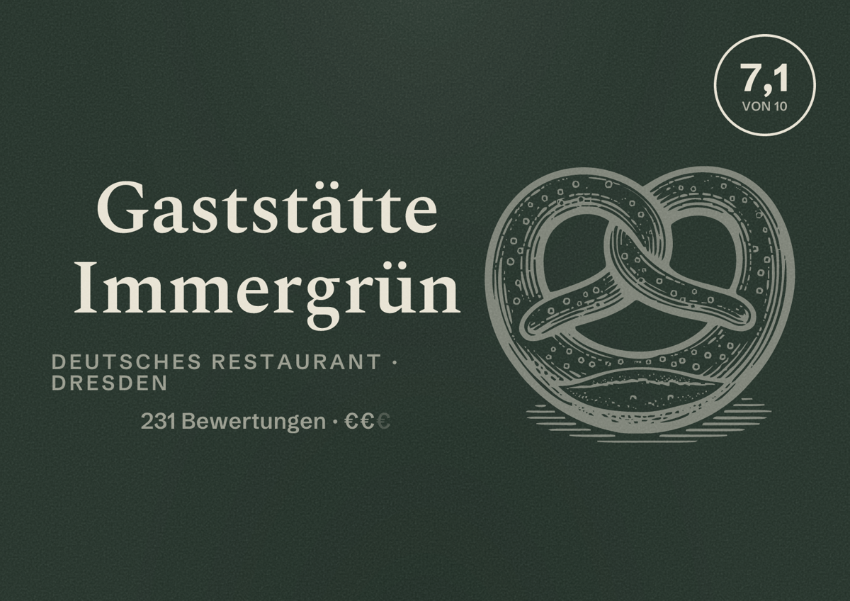 Illustriertes Poster von Gaststätte Immergrün, Deutsches Restaurant in Dresden: Bewertung 7,1 von 10 aus 231 Bewertungen, Preisniveau €€