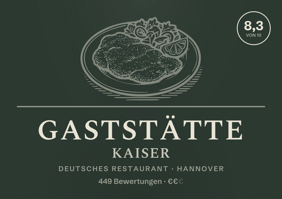 Illustriertes Poster von Gaststätte Kaiser, Deutsches Restaurant in Hannover: Bewertung 8,3 von 10 aus 449 Bewertungen, Preisniveau €€