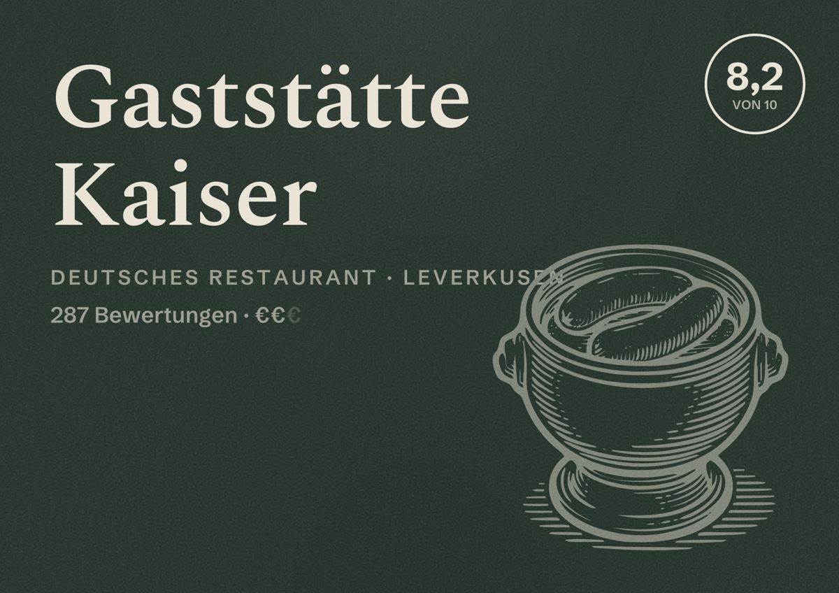 Illustriertes Poster von Gaststätte Kaiser, Deutsches Restaurant in Leverkusen: Bewertung 8,2 von 10 aus 287 Bewertungen, Preisniveau €€