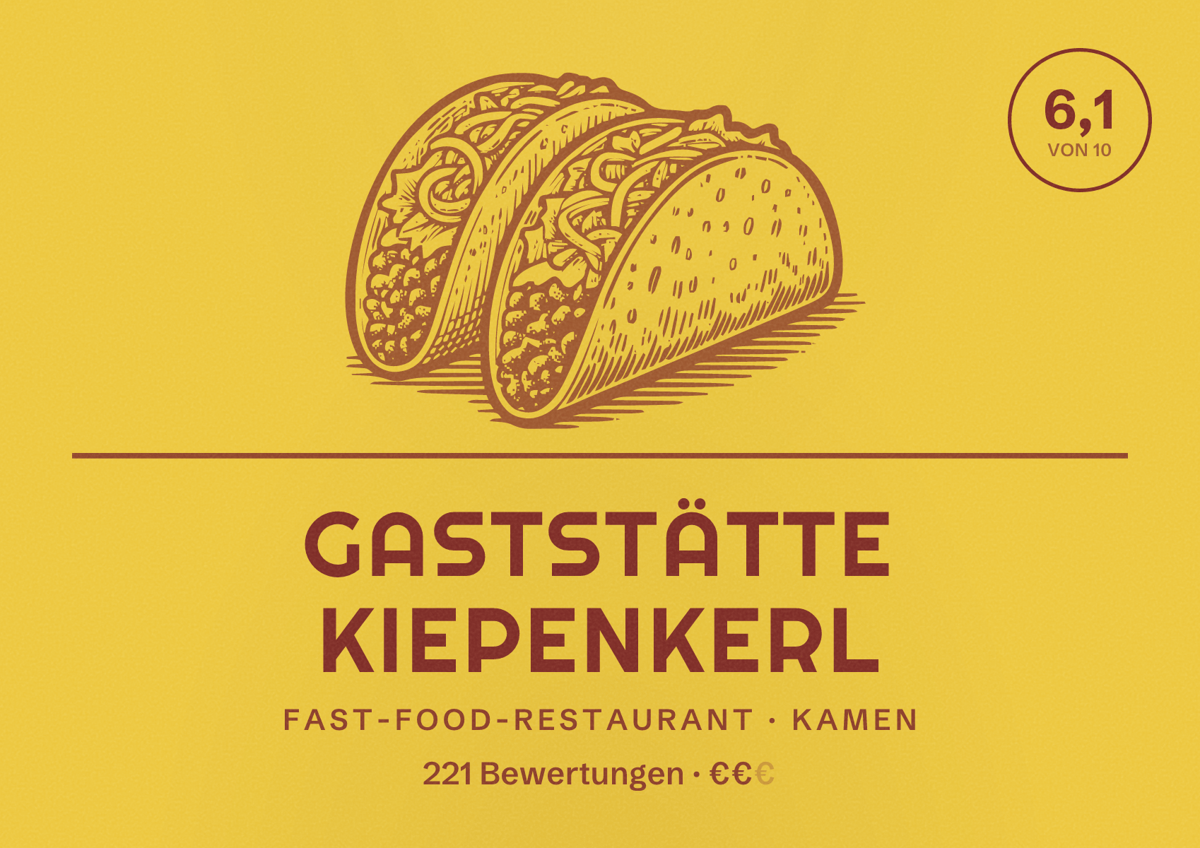 Illustriertes Poster von Gaststätte Kiepenkerl, Fast-Food-Restaurant in Kamen: Bewertung 6,1 von 10 aus 221 Bewertungen, Preisniveau €€