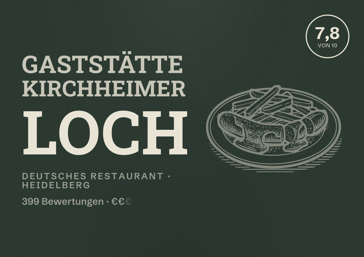 Illustriertes Poster von Gaststätte Kirchheimer Loch, Deutsches Restaurant in Heidelberg: Bewertung 7,8 von 10 aus 399 Bewertungen, Preisniveau €€