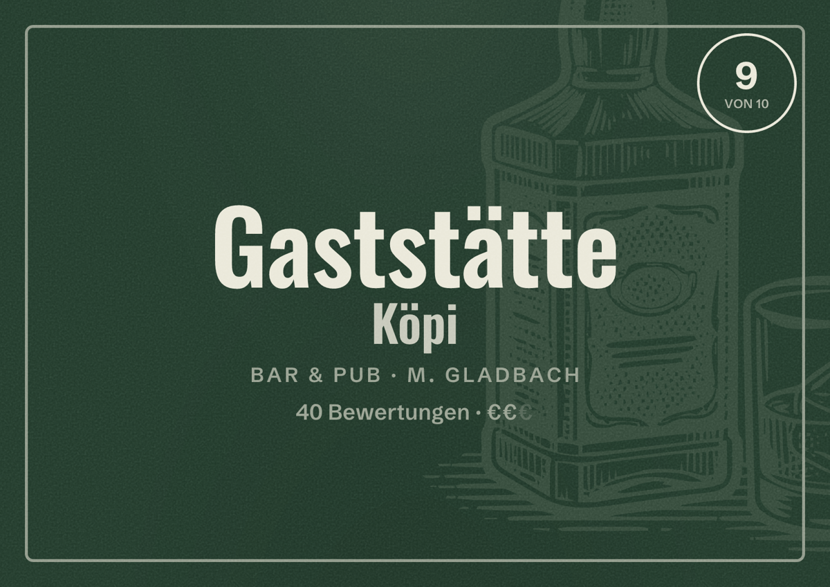 Illustriertes Poster von Gaststätte Köpi, Bar & Pub in M. Gladbach: Bewertung 9 von 10 aus 40 Bewertungen, Preisniveau €€