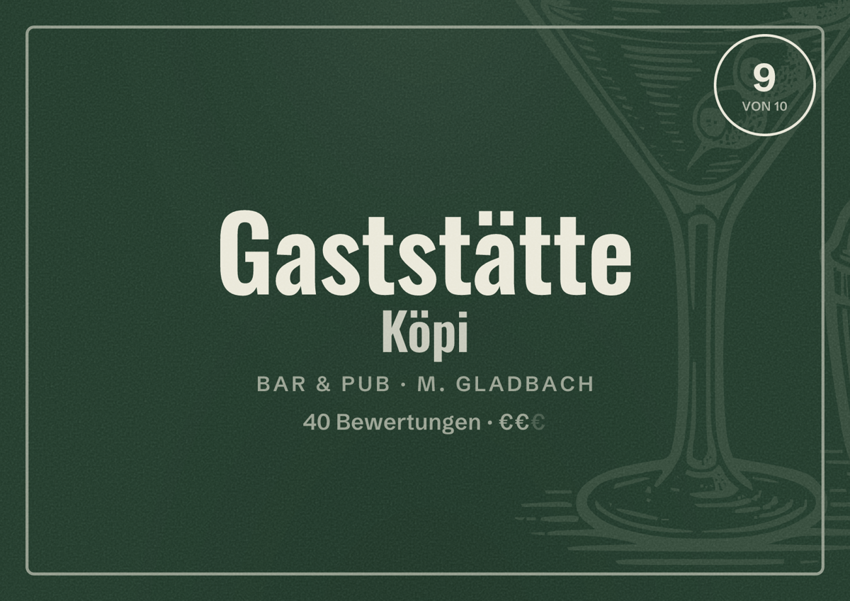Illustriertes Poster von Gaststätte Köpi, Bar & Pub in M. Gladbach: Bewertung 9 von 10 aus 40 Bewertungen, Preisniveau €€