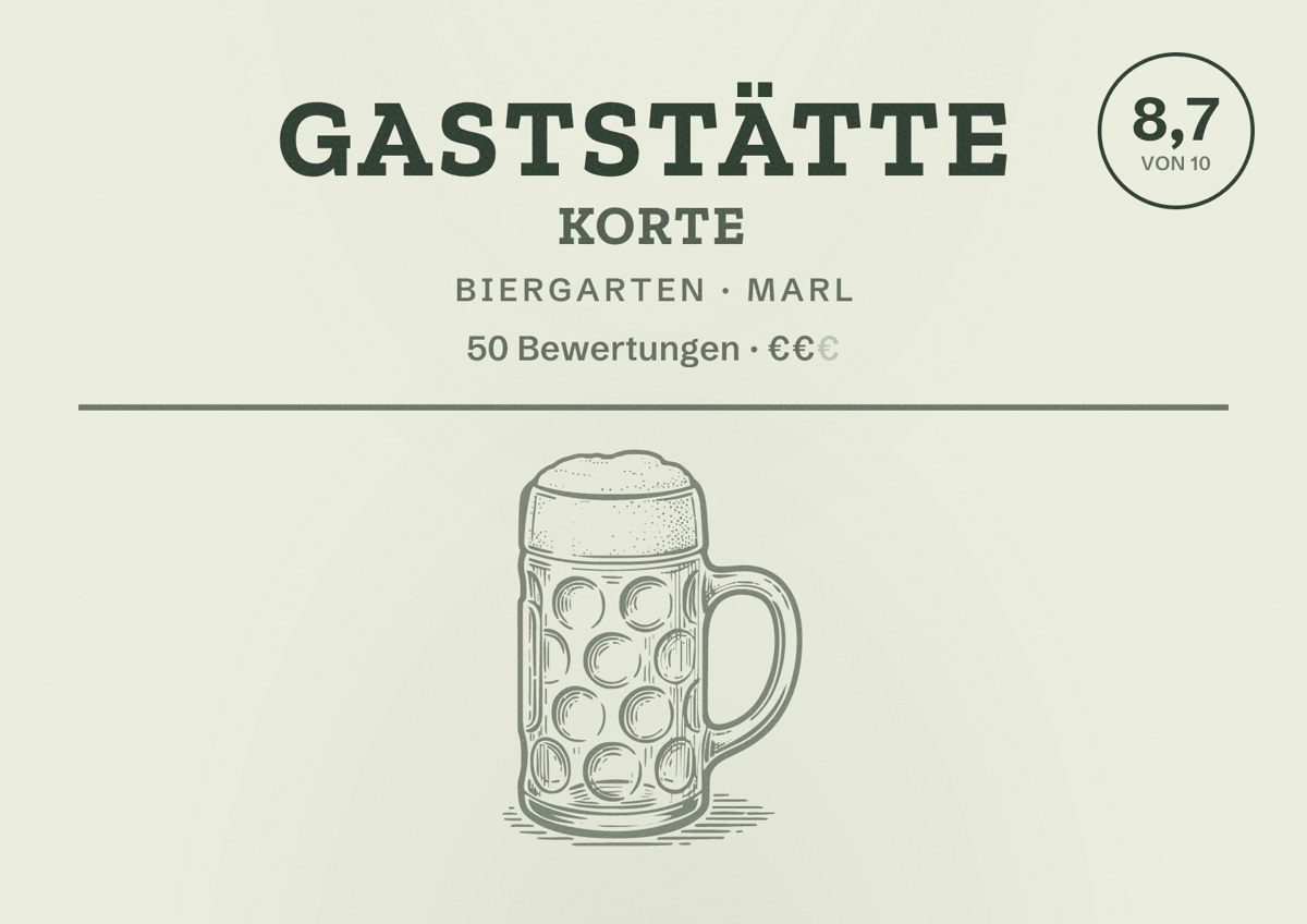 Illustriertes Poster von Gaststätte Korte, Biergarten in Marl: Bewertung 8,7 von 10 aus 50 Bewertungen, Preisniveau €€