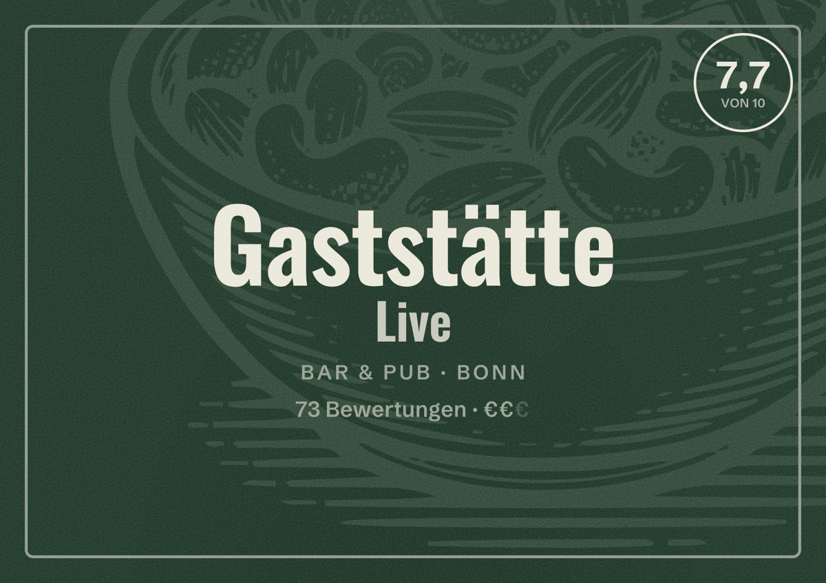 Illustriertes Poster von Gaststätte Live, Bar & Pub in Bonn: Bewertung 7,7 von 10 aus 50 Bewertungen, Preisniveau €