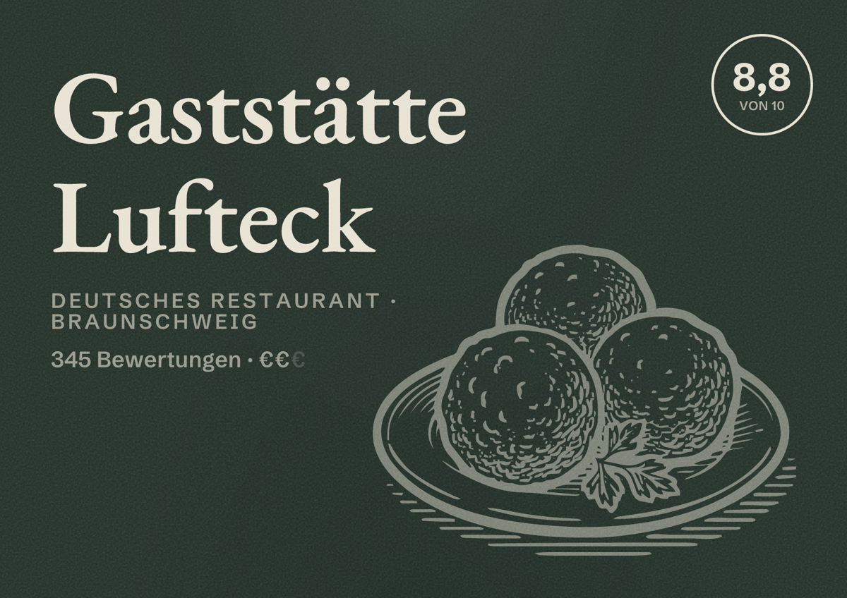 Illustriertes Poster von Gaststätte Lufteck, Deutsches Restaurant in Braunschweig: Bewertung 8,8 von 10 aus 345 Bewertungen, Preisniveau €€