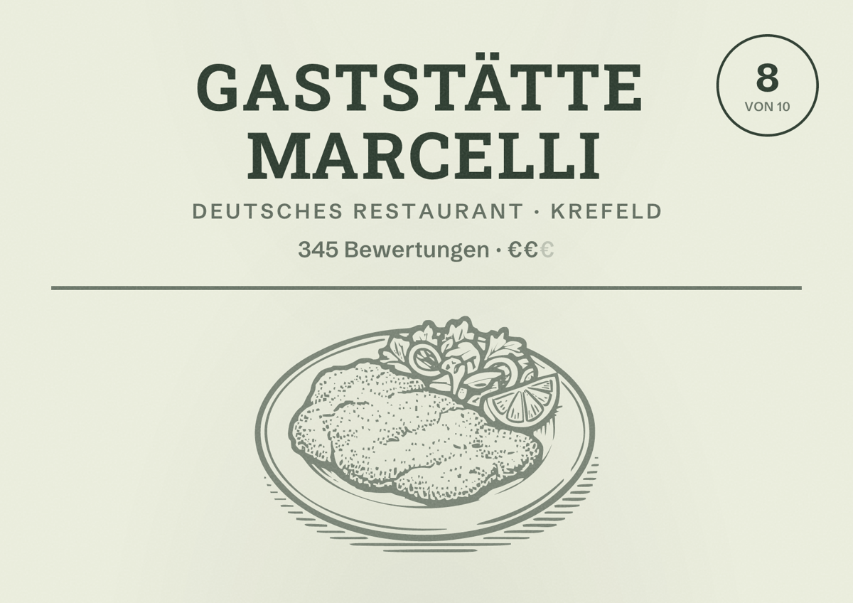 Illustriertes Poster von Gaststätte Marcelli, Deutsches Restaurant in Krefeld: Bewertung 8 von 10 aus 345 Bewertungen, Preisniveau €€