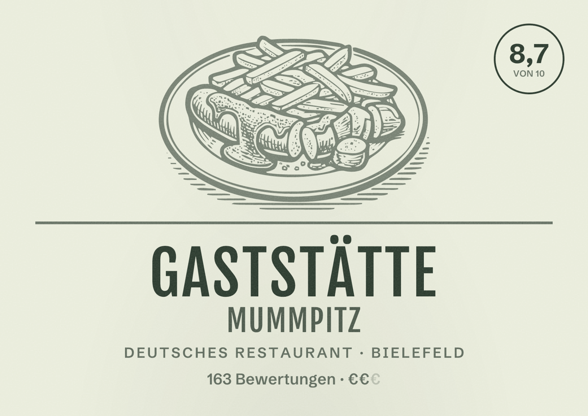 Illustriertes Poster von Gaststätte Mummpitz, Deutsches Restaurant in Bielefeld: Bewertung 8,7 von 10 aus 163 Bewertungen, Preisniveau €€
