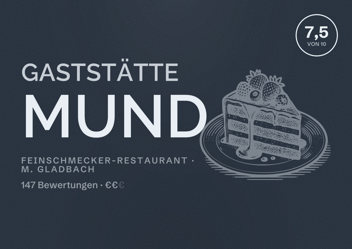 Illustriertes Poster von Gaststätte MUND, Feinschmecker-Restaurant in M. Gladbach: Bewertung 7,5 von 10 aus 147 Bewertungen, Preisniveau €€