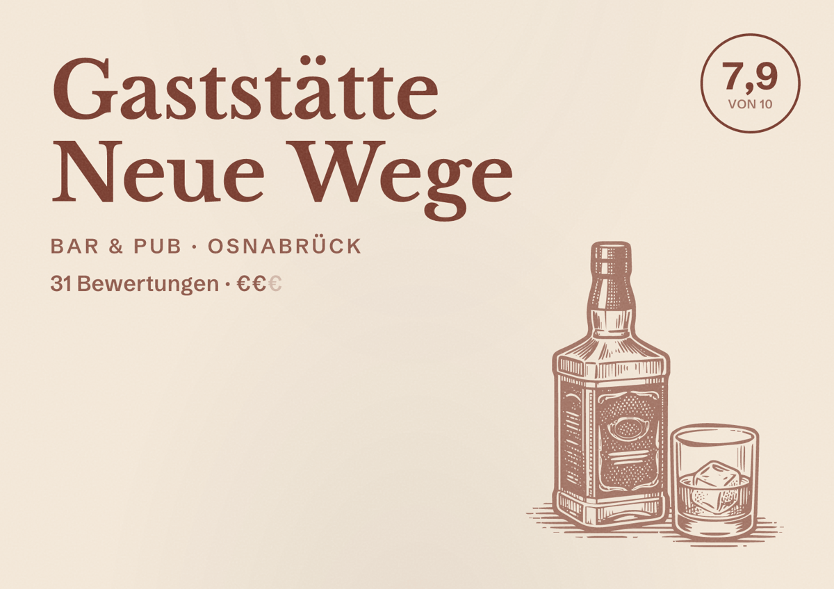 Illustriertes Poster von Gaststätte Neue Wege, Bar & Pub in Osnabrück: Bewertung 7,9 von 10 aus 31 Bewertungen, Preisniveau €€