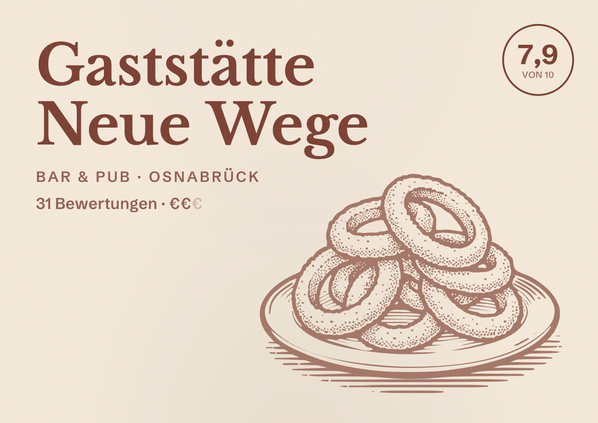 Illustriertes Poster von Gaststätte Neue Wege, Bar & Pub in Osnabrück: Bewertung 7,9 von 10 aus 31 Bewertungen, Preisniveau €€