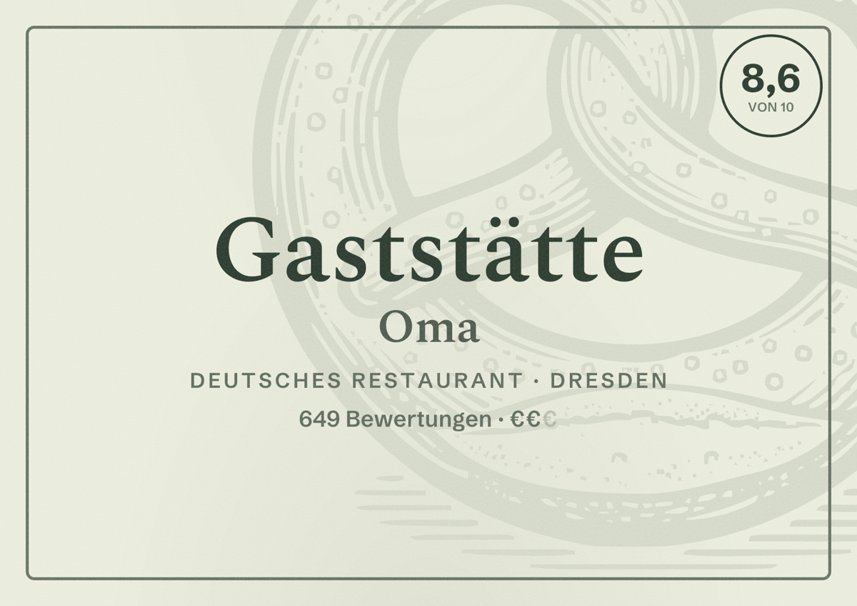 Illustriertes Poster von Gaststätte Oma, Deutsches Restaurant in Dresden: Bewertung 8,6 von 10 aus 649 Bewertungen, Preisniveau €€