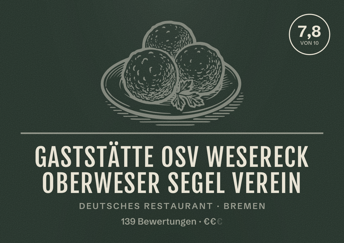 Illustriertes Poster von Gaststätte OSV Wesereck Oberweser Segel Verein, Deutsches Restaurant in Bremen: Bewertung 7,8 von 10 aus 139 Bewertungen, Preisniveau €€