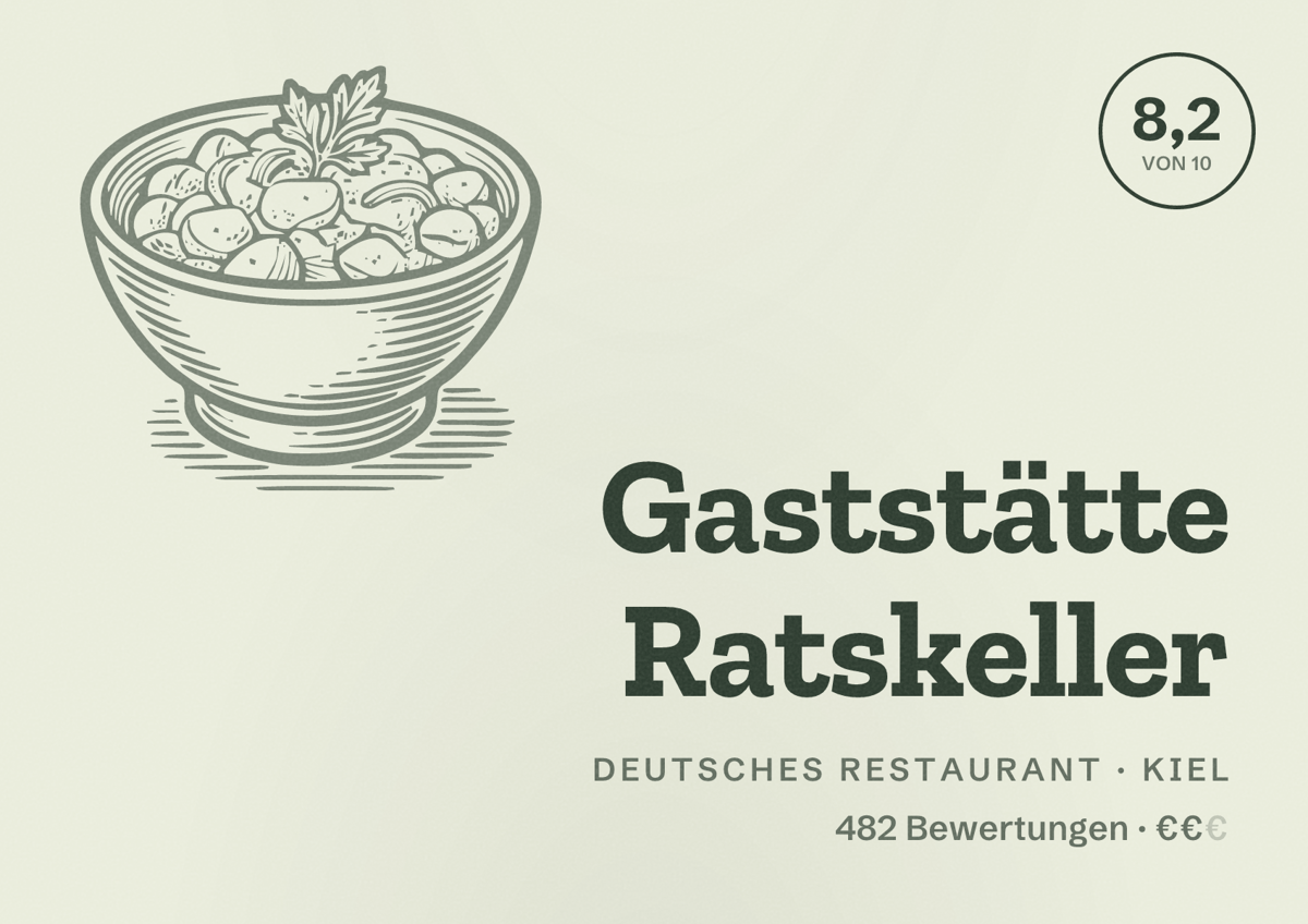 Illustriertes Poster von Gaststätte Ratskeller, Deutsches Restaurant in Kiel: Bewertung 8,2 von 10 aus 482 Bewertungen, Preisniveau €€