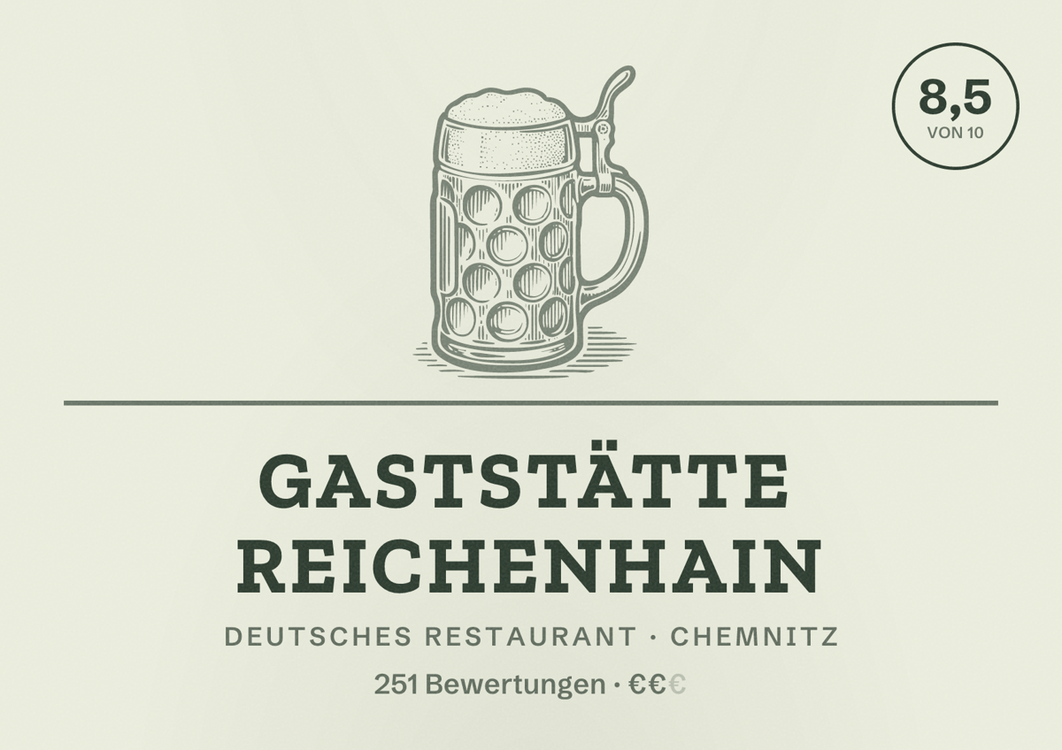 Illustriertes Poster von Gaststätte Reichenhain, Deutsches Restaurant in Chemnitz: Bewertung 8,5 von 10 aus 251 Bewertungen, Preisniveau €€