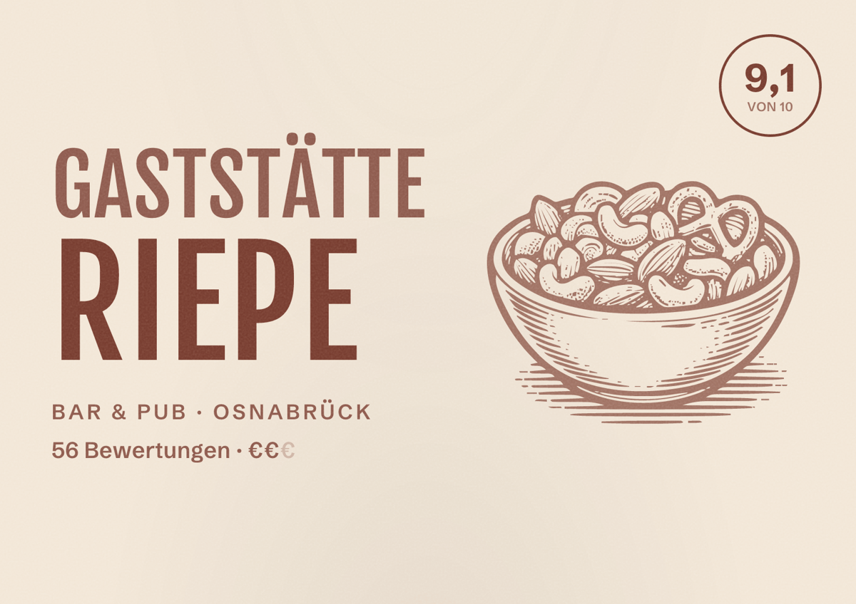 Illustriertes Poster von Gaststätte Riepe, Bar & Pub in Osnabrück: Bewertung 9,1 von 10 aus 56 Bewertungen, Preisniveau €€
