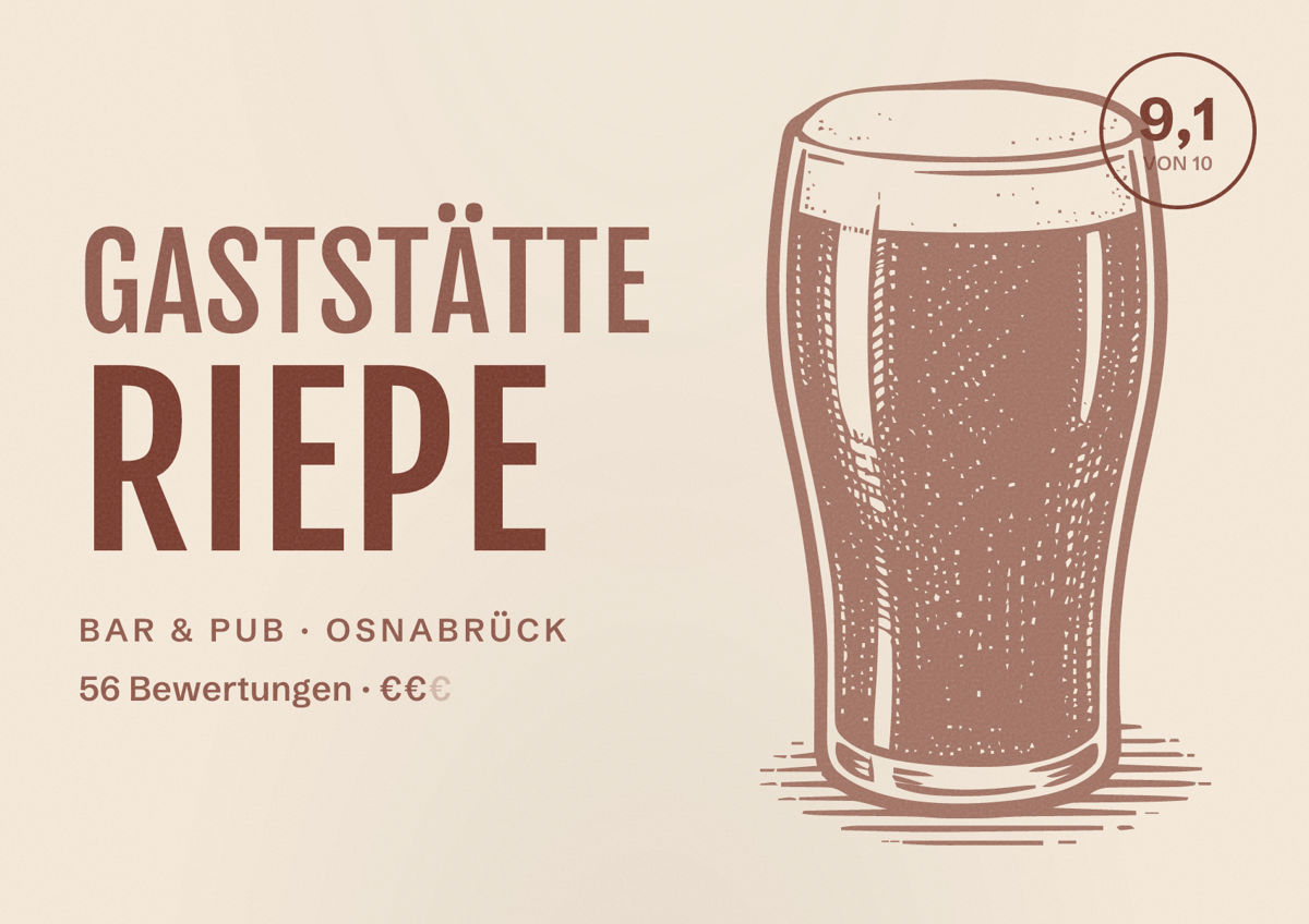 Illustriertes Poster von Gaststätte Riepe, Bar & Pub in Osnabrück: Bewertung 9,1 von 10 aus 56 Bewertungen, Preisniveau €€