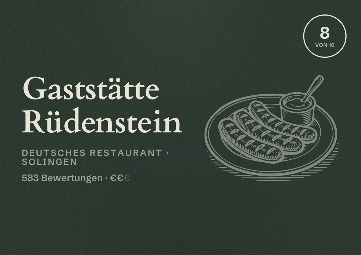 Illustriertes Poster von Gaststätte Rüdenstein, Deutsches Restaurant in Solingen: Bewertung 8,0 von 10 aus 583 Bewertungen, Preisniveau €€
