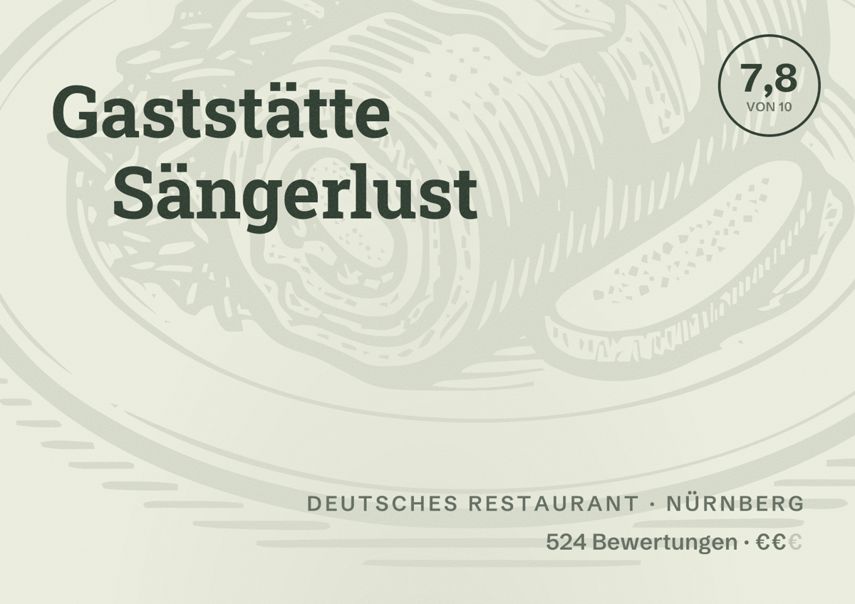 Illustriertes Poster von Gaststätte Sängerlust, Deutsches Restaurant in Nürnberg: Bewertung 7,8 von 10 aus 524 Bewertungen, Preisniveau €€