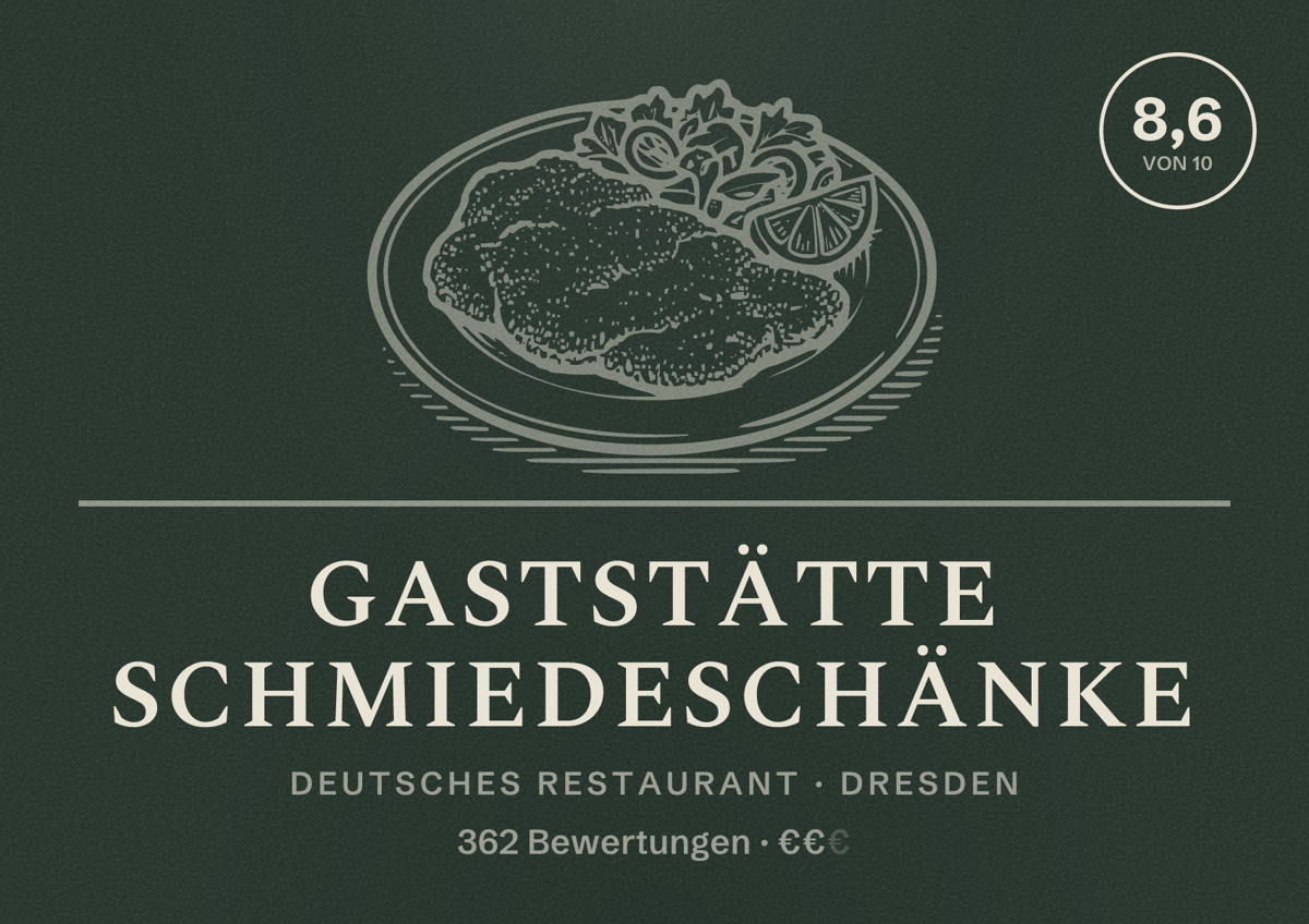 Illustriertes Poster von Gaststätte Schmiedeschänke, Deutsches Restaurant in Dresden: Bewertung 8,6 von 10 aus 362 Bewertungen, Preisniveau €€
