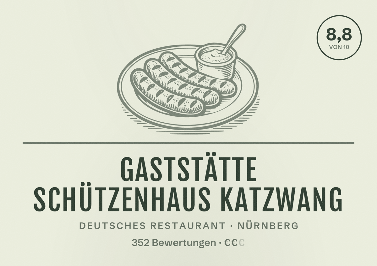 Illustriertes Poster von Gaststätte Schützenhaus Katzwang, Deutsches Restaurant in Nürnberg: Bewertung 8,8 von 10 aus 352 Bewertungen, Preisniveau €€