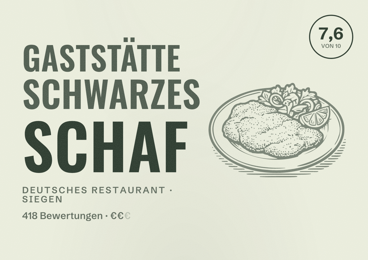 Illustriertes Poster von Gaststätte Schwarzes Schaf, Deutsches Restaurant in Siegen: Bewertung 7,6 von 10 aus 418 Bewertungen, Preisniveau €€