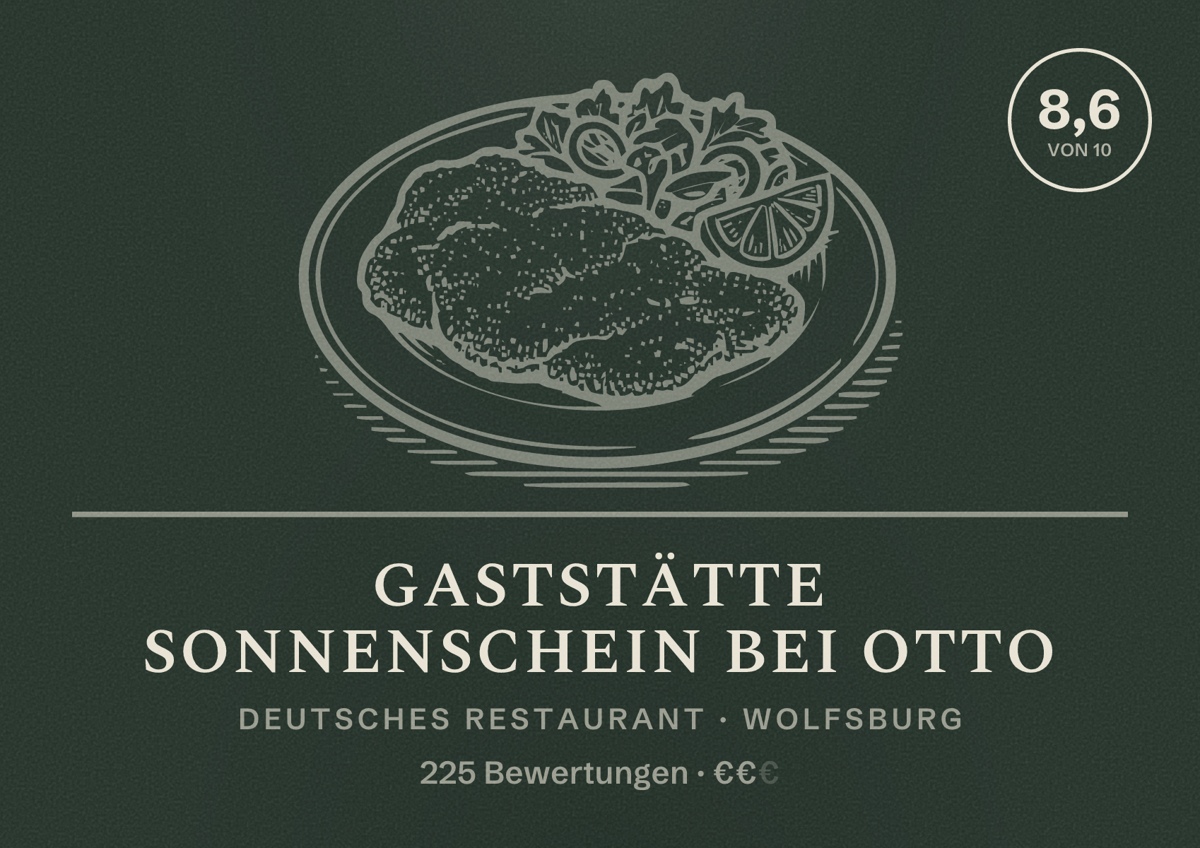 Illustriertes Poster von Gaststätte Sonnenschein bei Otto, Deutsches Restaurant in Wolfsburg: Bewertung 8,6 von 10 aus 225 Bewertungen, Preisniveau €€