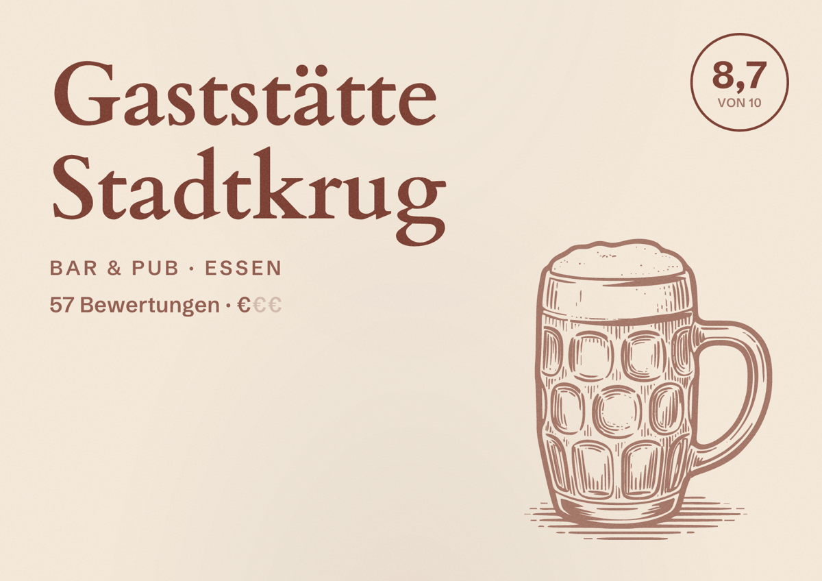 Illustriertes Poster von Gaststätte Stadtkrug, Bar & Pub in Essen: Bewertung 8,7 von 10 aus 57 Bewertungen, Preisniveau €