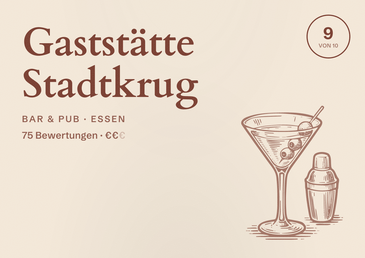 Illustriertes Poster von Gaststätte Stadtkrug, Bar & Pub in Essen: Bewertung 9 von 10 aus 75 Bewertungen, Preisniveau €€